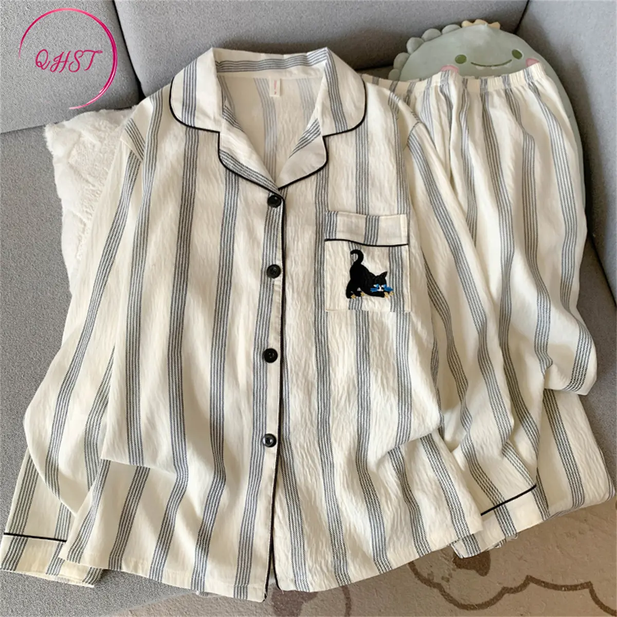 QHST Piyama Set Wanita kucing hitam belang Satin Jacquard | Pajamas Wanita | Baju Tidur Wanita Dewasa | Lengan Panjang Cewek