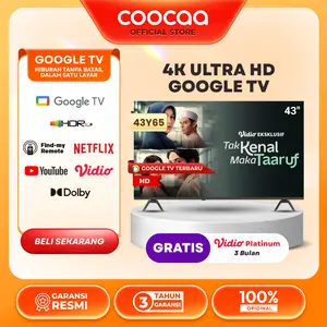 COOCAA Y65 Layar TV 43 Inch 4K Google TV - Find my remote - Flicker Free - Low Blue Light - HDR 10 Chameleon Extreme 2.0 - Bluetooth 5.1 - Dolby Audio + DTS - TV Digital tanpa STB