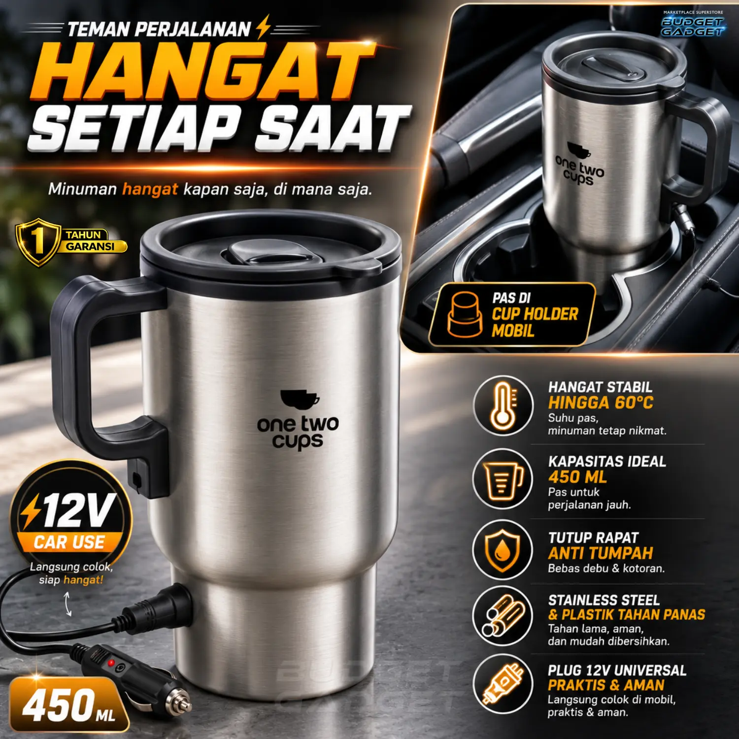 One Two Cups Gelas Insulasi Stainless Steel Pemanas Air Mobil 450ML + Kabel Lighter Mobil 12V