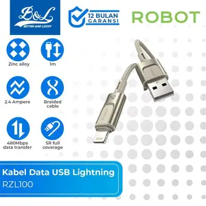 Robot Kabel Data USB Lightning RZL100 2.4A 1m Braided Cable 480Mbps