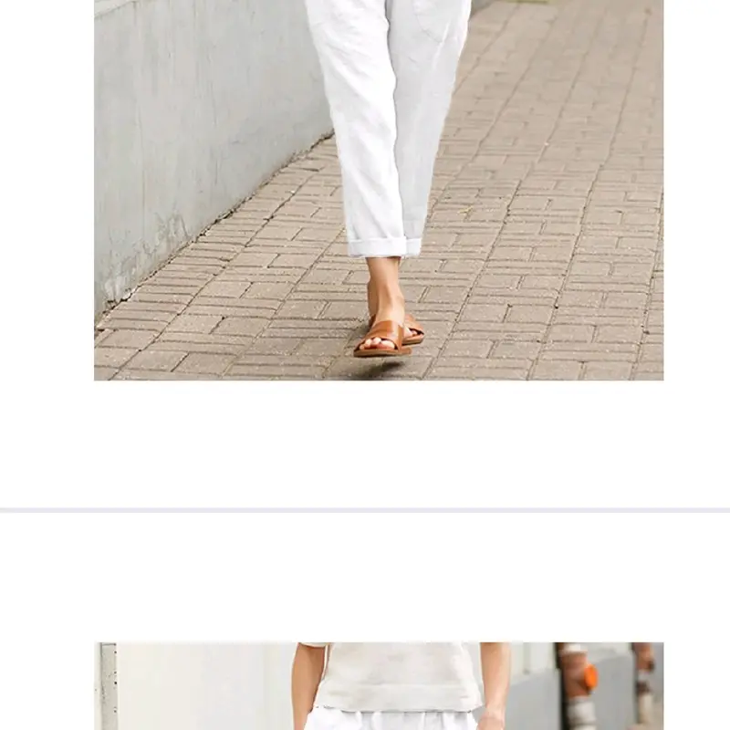 celana 7/8 santai bahan katun linen impor,pinggang karet celanakulot Coklat Kaki Coklat Kaki baju  harian Abu Putih Wanita Hitam Biru 6