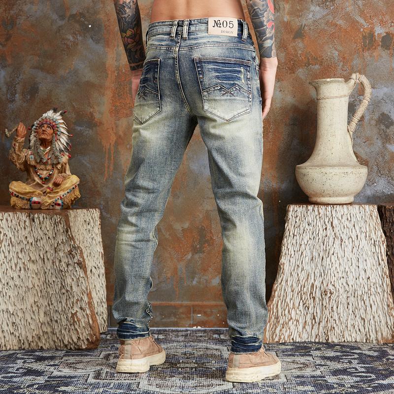 Mã số 811, Quần Jean Nam, Dáng Ôm Vừa, Vải Denim Co Giãn, Màu Xanh wash Ánh Đồng, Phong Cách Bụi Bặm Menswear Pants