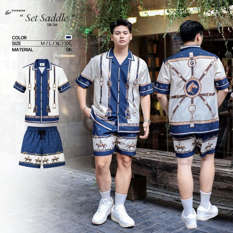 Set Bộ Nam Lụa Saddle Evenwear, Áo Sơ Mi Tay Ngắn Thiết Kế Cổ Cuban & Quần…