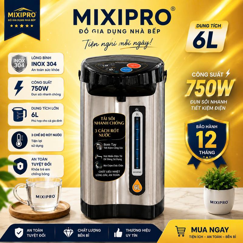 Bình Thủy Điện MIXIPRO 6L – Đun Nhanh Inox 304, Giữ Nhiệt Lâu, Rót Nước 3 Chế Độ