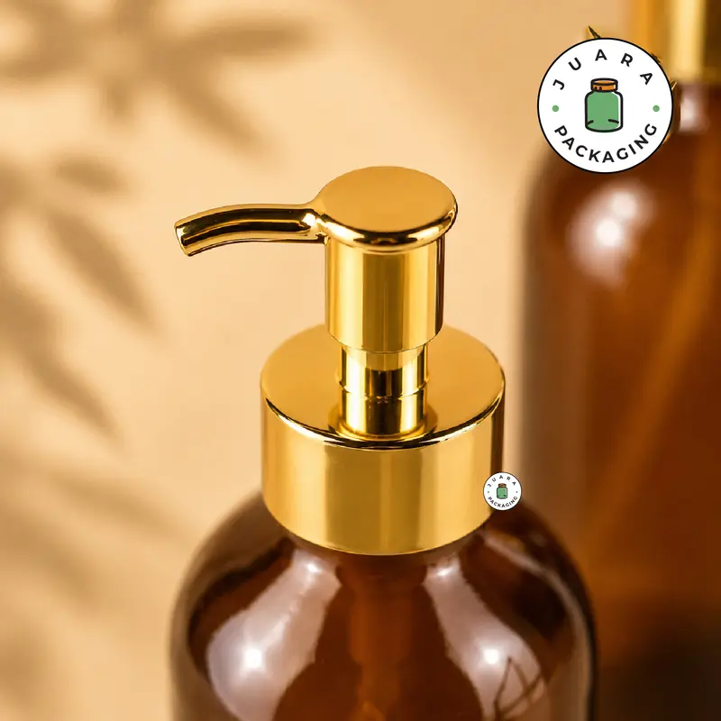Botol Kaca Amber Coklat Pump Gold 500ml 250ml – Wadah Sabun Cair Lotion Shampoo Skincare Minyak Aromaterapi Refill Botol Kosmetik Isi Ulang Tebal Elegan dengan Tutup Pump Warna Emas Premium