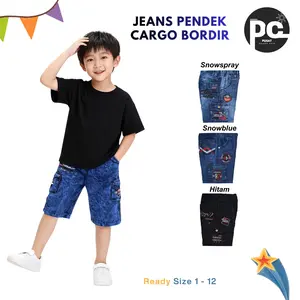 Celana Jeans Pendek Anak Cargo Usia 1-12 Tahun Motif Bordir Fashion Laki-Laki