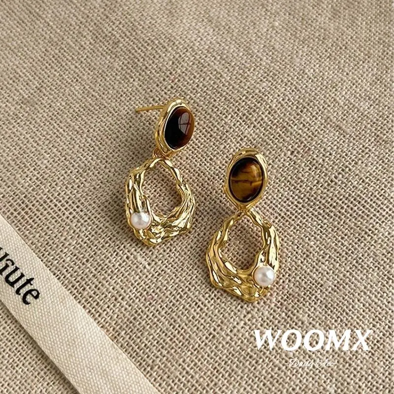 [Woomx] Anting Wanita Batu Mata Harimau Warna Cokelat Bentuk Geometri Serbaguna A576