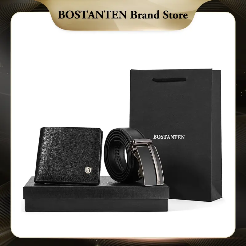 BOSTANTEN Set Kombinasi Dompet Dan Sabuk Kulit Sapi Pria (Kotak+Tas Hadiah) 0