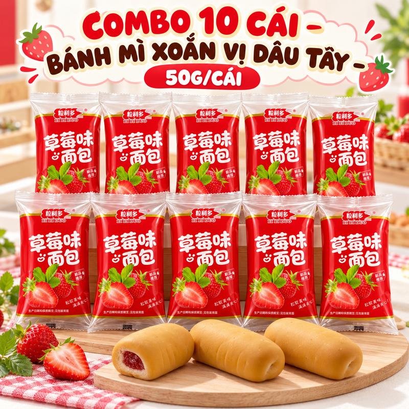Combo 10 Cái Bánh Mì Xoắn Vị Dâu Tây 50g/Cái – Bánh Mềm Thơm, Vị Dâu Ngọt Dịu, Ăn Sáng, Ăn Vặt Tiện Lợi