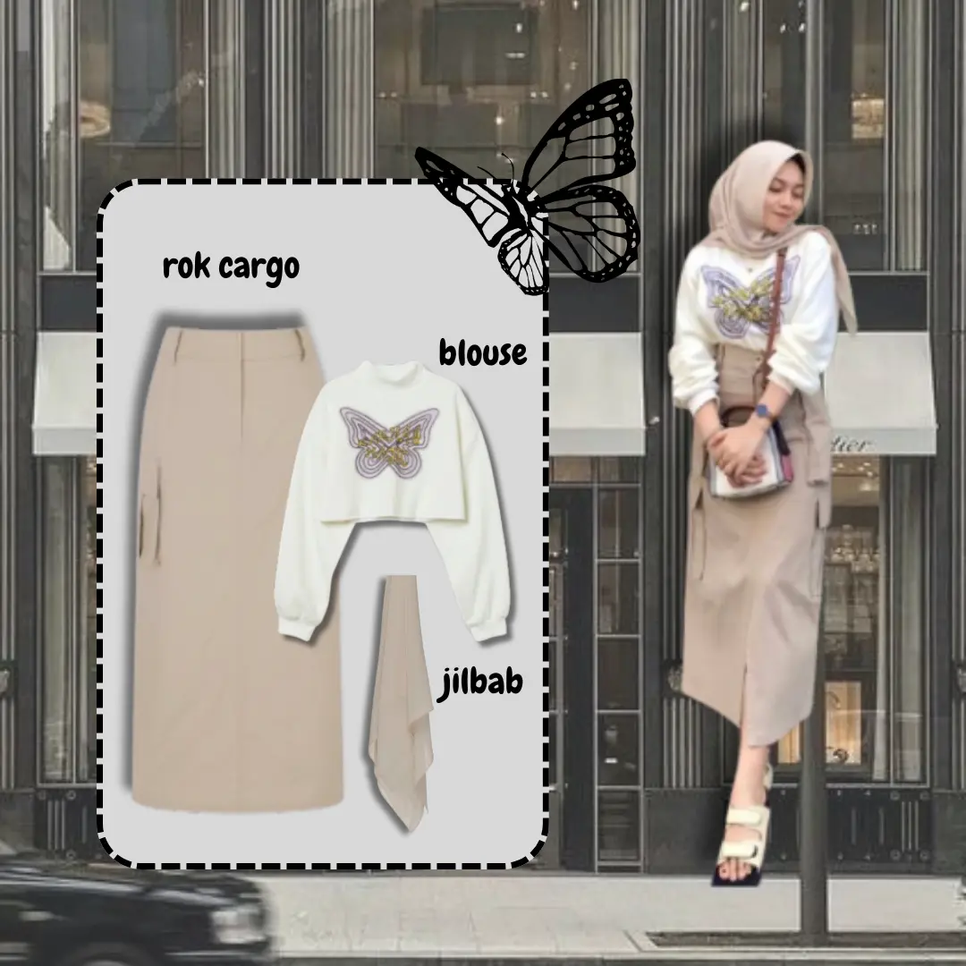 outfit kekinian korean style |rok cargo| blouse |jilbab oneset remaja terbaru atasan bawahan setelan EY-003