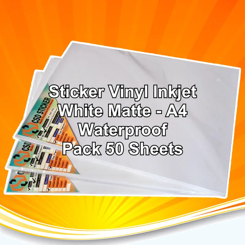 Sticker Vinyl Inkjet A4 Waterproof Synthetic PET/PP Film Transparan / White Gloss/ White Matte Stiker Premium Anti Air PACK isi 50 1