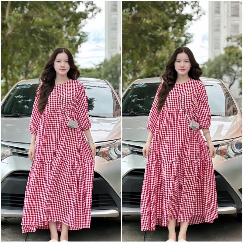 [V310] Váy babydoll kẻ caro dáng dài dễ thương, váy nữ mùa hè vintage