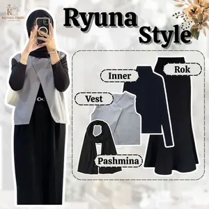 Setelan 4in1 Wanita Kekinian (Vest Semi Woll, Inner Jersey, Rok Mermaid Scuba, Pashmina Ceruty) KY4K