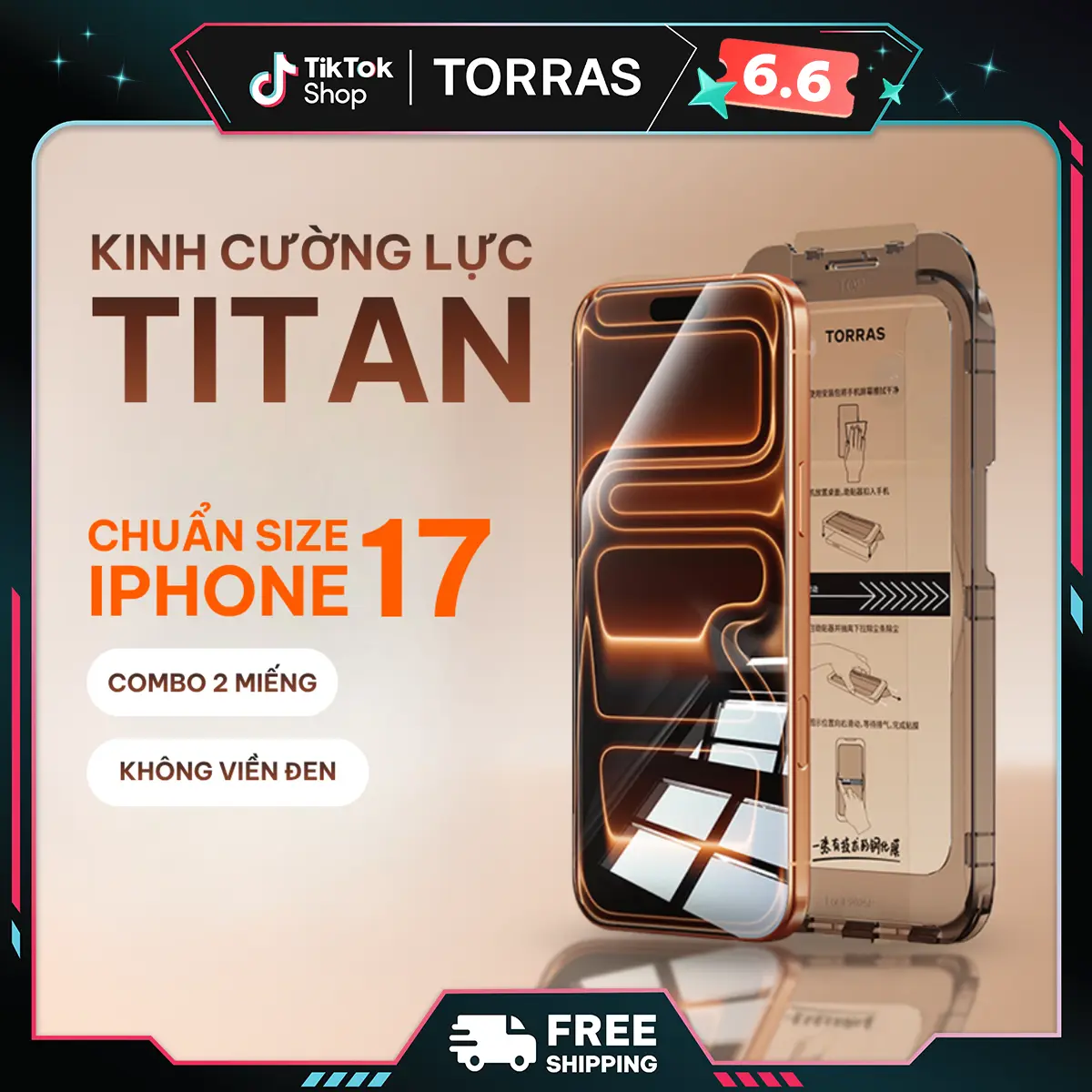 [Dành cho iPhone 17-13] Combo 1 hộp 2 miếng Kính cường lực TORRAS Titan, Không viền đen, Không lẹm màn, Bao Phủ Màn Hình 95% - 97%, Không cấn ốp, Cao cấp, Mượt mà, Hạn chế bám vân tay, Khung tự dán, Kèm dụng cụ lắp đặt, Dễ dàng lắp đặt