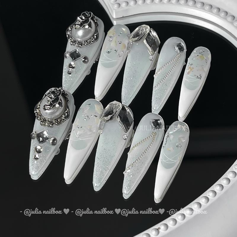 JuliaNailbox Mã 425 nước gạo mix nhũ xà cừ Móng tay giả thiết kế thủ công sơn gel tặng kèm keo miếng dán dũa bông cồn gắn dễ dàng tiện lợi có thể tái sử dụng