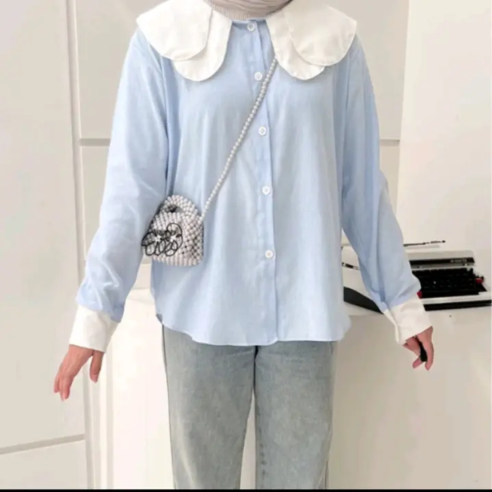 Aera Shirt By Haimoon Kemeja Perempuan Kemeja Salur Wanita  Atasan Baju Panjang Katun Shakila Baju Kekinian Casual Dewasa Cewek Remaja