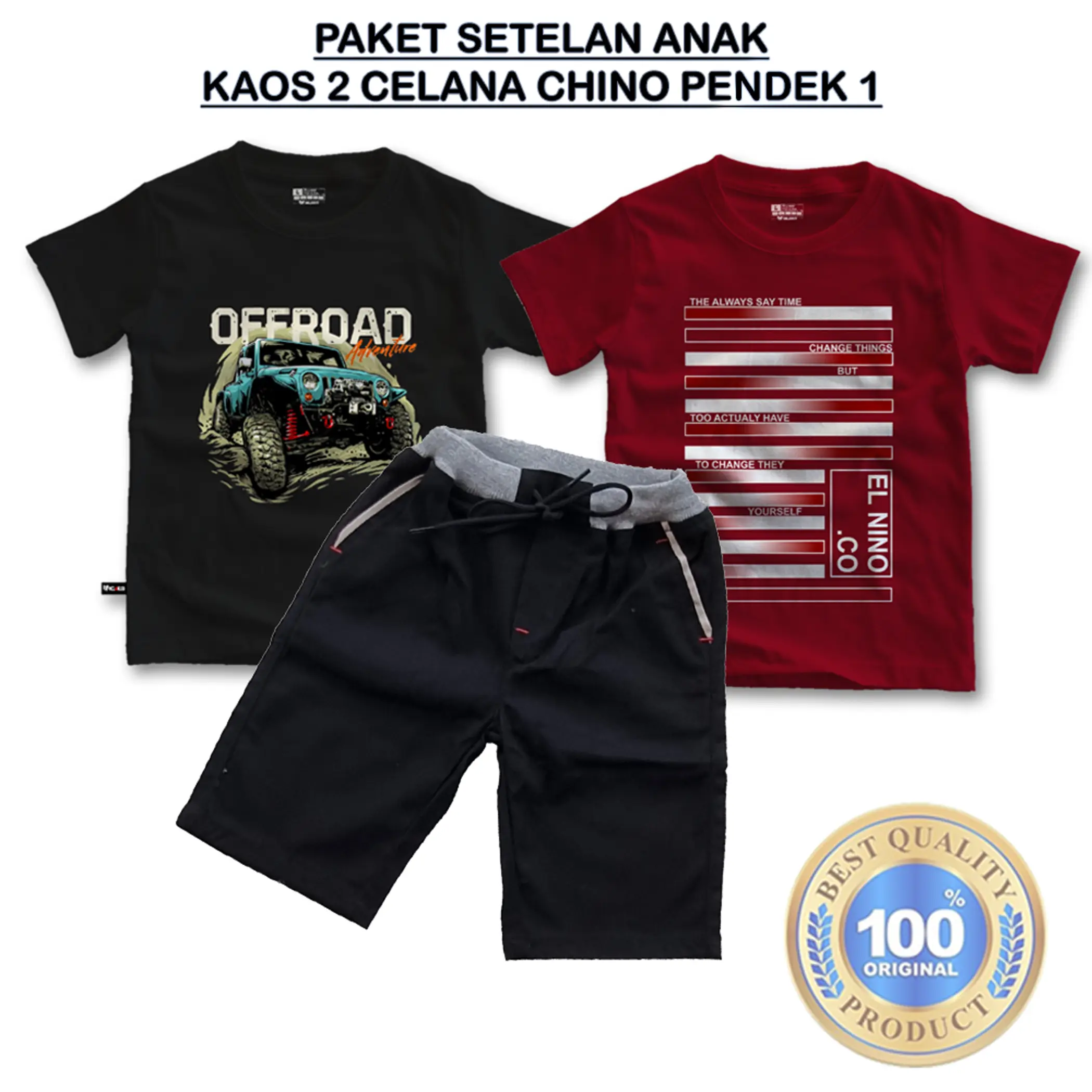 Paket setelan anak laki laki 2 kaos 1 celana Chino pendek usia 3-14 tahun bahan premium Kids