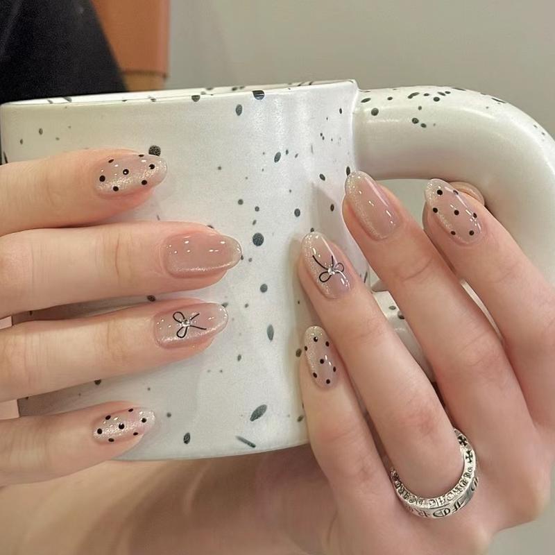 M005 Bộ Nail giả Mắt Mèo Chấm Bi Đính Đá Nữ, Women