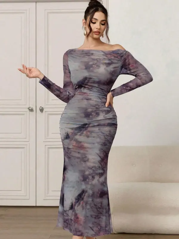 Women's All Over Print Asymmetrical  Neck  Mermaid Dress, Elegant Fashion Casual Dress for Daily Outdoor Wear, Women Dress for Spring Fall 0