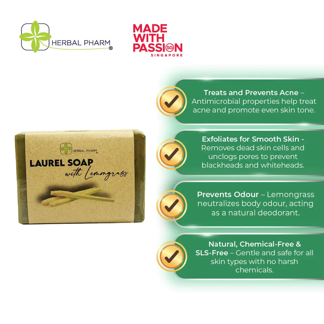 Herbal Pharm Laurel Soap with Lemongrass - 125g, Improves Skin Health and Beauty  Natural, Organic, Chemical-Free