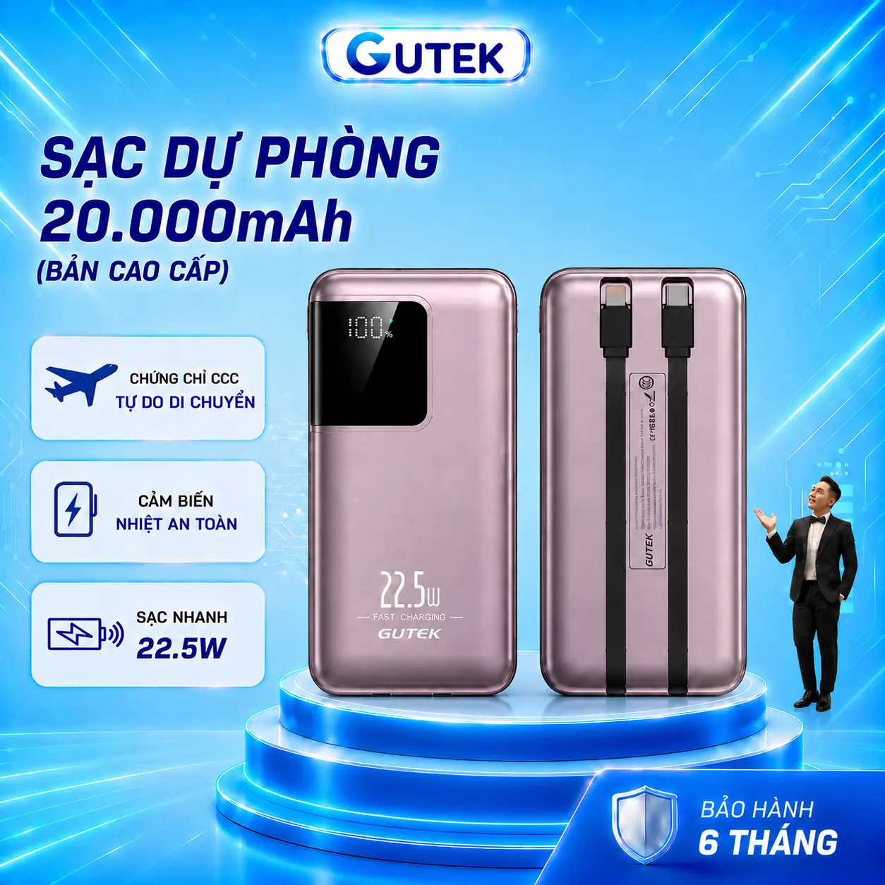 [Gutek x VinhBanhBo] – Pin Sạc dự phòng 20000mah sạc nhanh 22,5w tích hợp 2 dây sạc – Gutek GT091