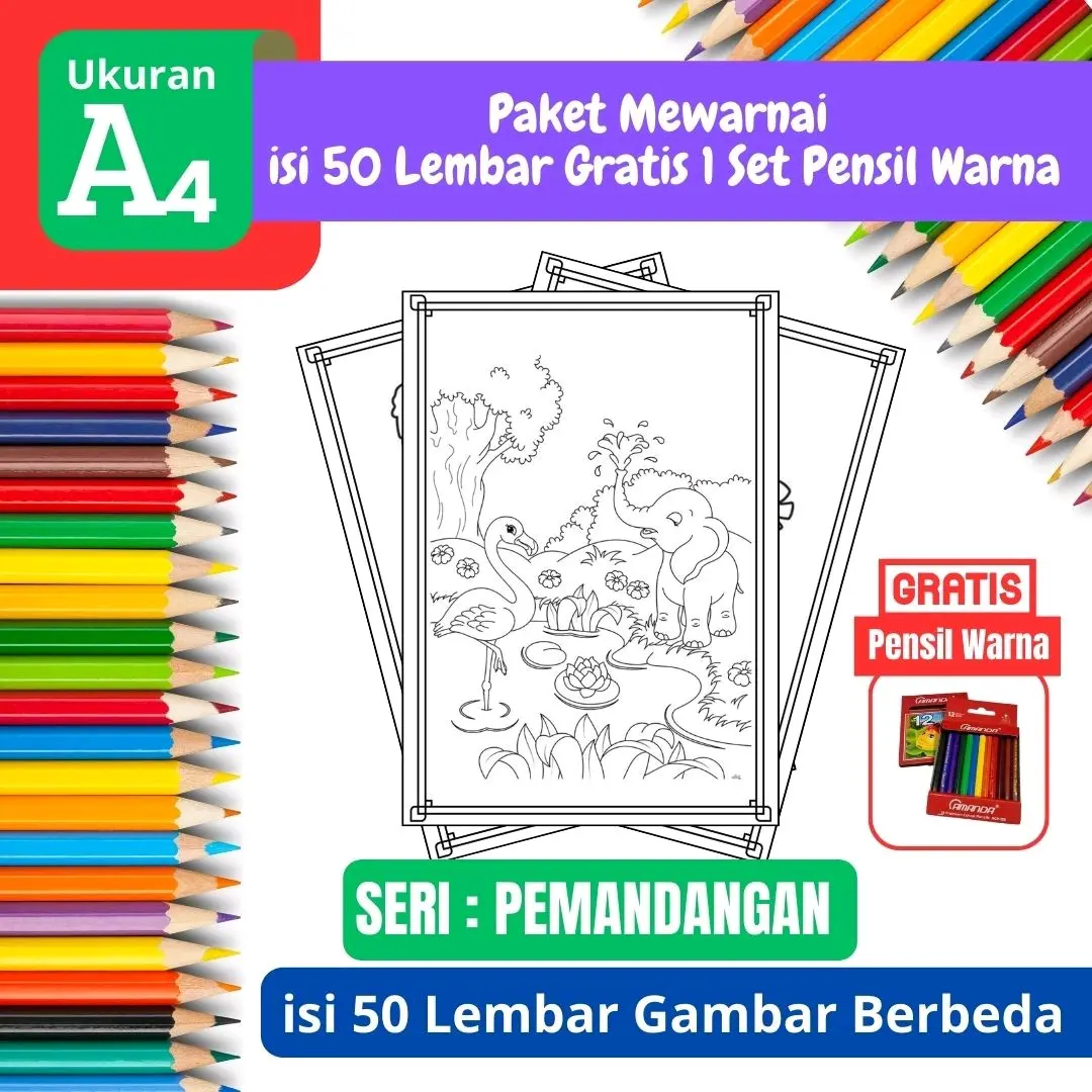 [ EDISI Pemandangan -A4 ] Promo Termurah Paket Mewarnai Gambar isi 50 lembar Gratis 1 Set Pensil Warna - A4 Tebal