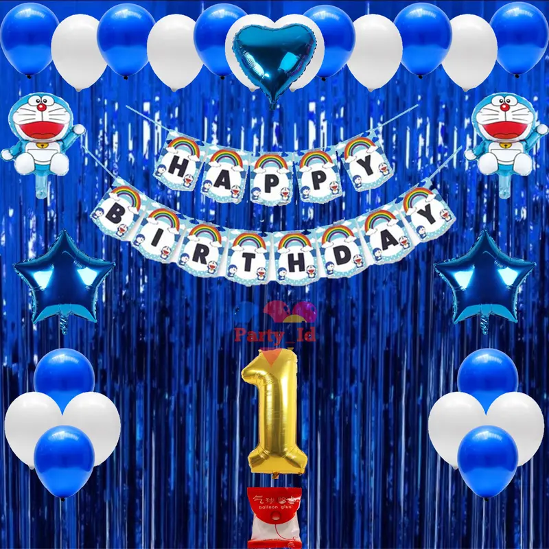 Paket Lengkap Dekorasi Baner Happy Brithday Karakter Doraemon Dan Balon Foil Mini - Untuk Dekorasi Ulang Tahun Biru Putih banners 0