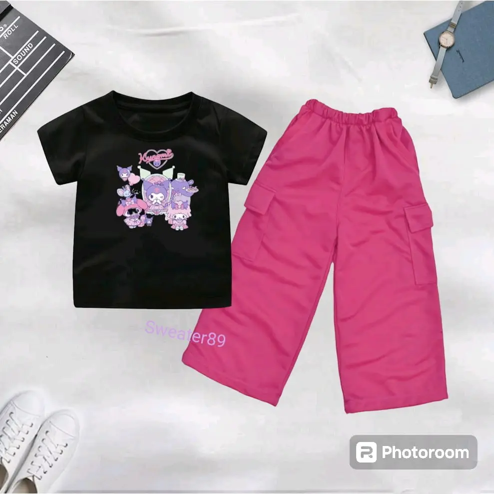 Setelan Anak Umur 5-12 Tahun KAOS Dan Celana Cargo KUROMI PARTY Baju Perempuan Fashion