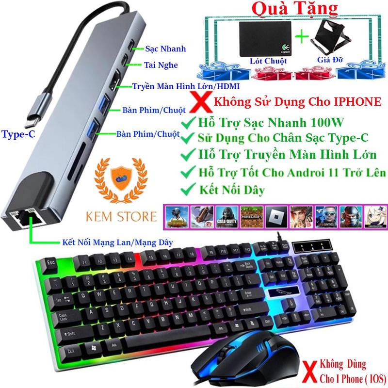 Combo USB OTG HUB 3.0 Có thể vừa sạc vừa chơi Chỉ dùng cho cổng TypeC + Bàn phím chuột giả cơ LED | Minecraft Roblox FreeFrie PUBBG và chế độ văn phòng