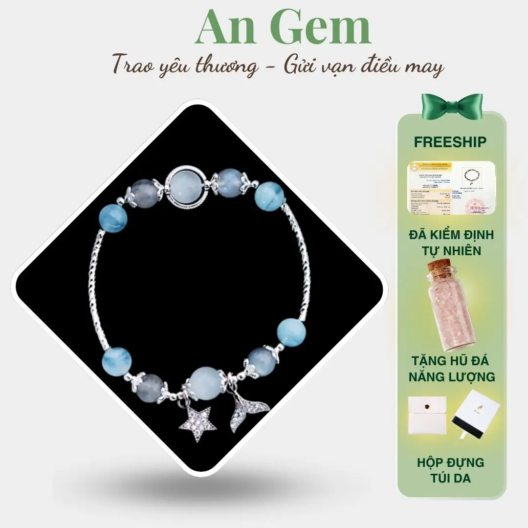 Vòng tay đá tự nhiên phối charm thiết kế An gem, lắc tay nữ đá màu xanh dương mix xám xanh Aquamarine mix Labradonite) phụ kiện đeo tay phong thuỷ quà tặng sinh nhật giáng sinh Noel Tết Valentine [TẶNG HŨ ĐÁ NĂNG LƯỢNG]