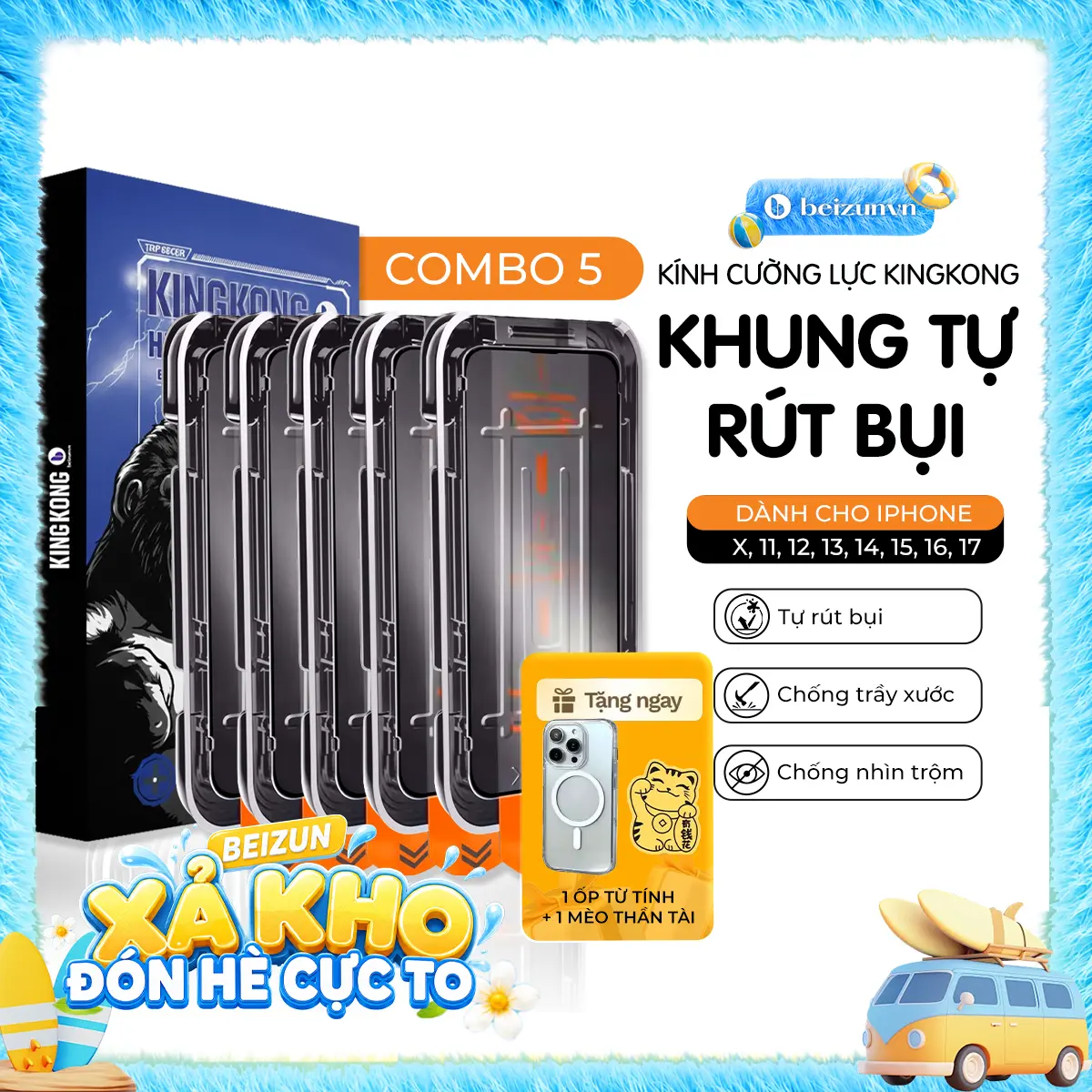 [Beizun]Combo 5 Kính Cường Lực KINGKONG GLASS Khung Tự Dán, Tự Rút Bụi Viền Cong 2.5D Siêu Mượt | Trong Suốt/Chống Nhìn Trộm | Chống Va Đập, Chịu Lực Tốt|Bảo Vệ Màng Loa, Chống Bám Bụi, iPhone 7 - iPhone 17 Promax |TẶNG Ốp Chống Sốc + Mèo Thần Tài