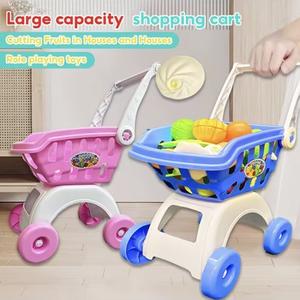 [Children christmas gifts] 26-piece children's mini trolley toys simulate supermarket shopping vegetable and fruit cutting set children's birthday gift play house game interesting toys Blue Pink Pretend Play Pretend