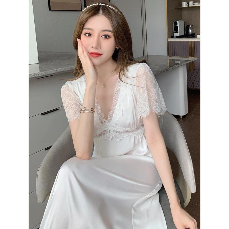 Product Introduction of Váy Ngủ Lụa Lạnh Có Đệm Ngực Cho Nữ, Váy Ngủ Ren Ngắn Tay, Gợi Cảm, Cổ Chữ V, Rỗng 9