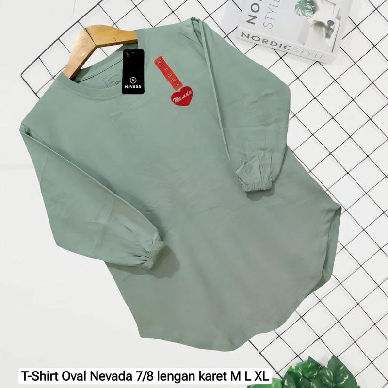 Kaos wanita Oversize oval Lengan Karet 7/8 katun Combed 8