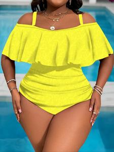 Traje de baño de talla grande con hombros descubiertos y volantes, pareo de cintura alta que estiliza la figura, esencial para vacaciones en aguas termales y playa, bikini sexy