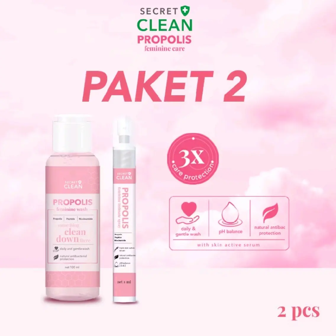 Paket Perawatan Kewanitaan: Secret Clean Propolis 100ml dan Secret Clean Propolis Spray Membersihkan