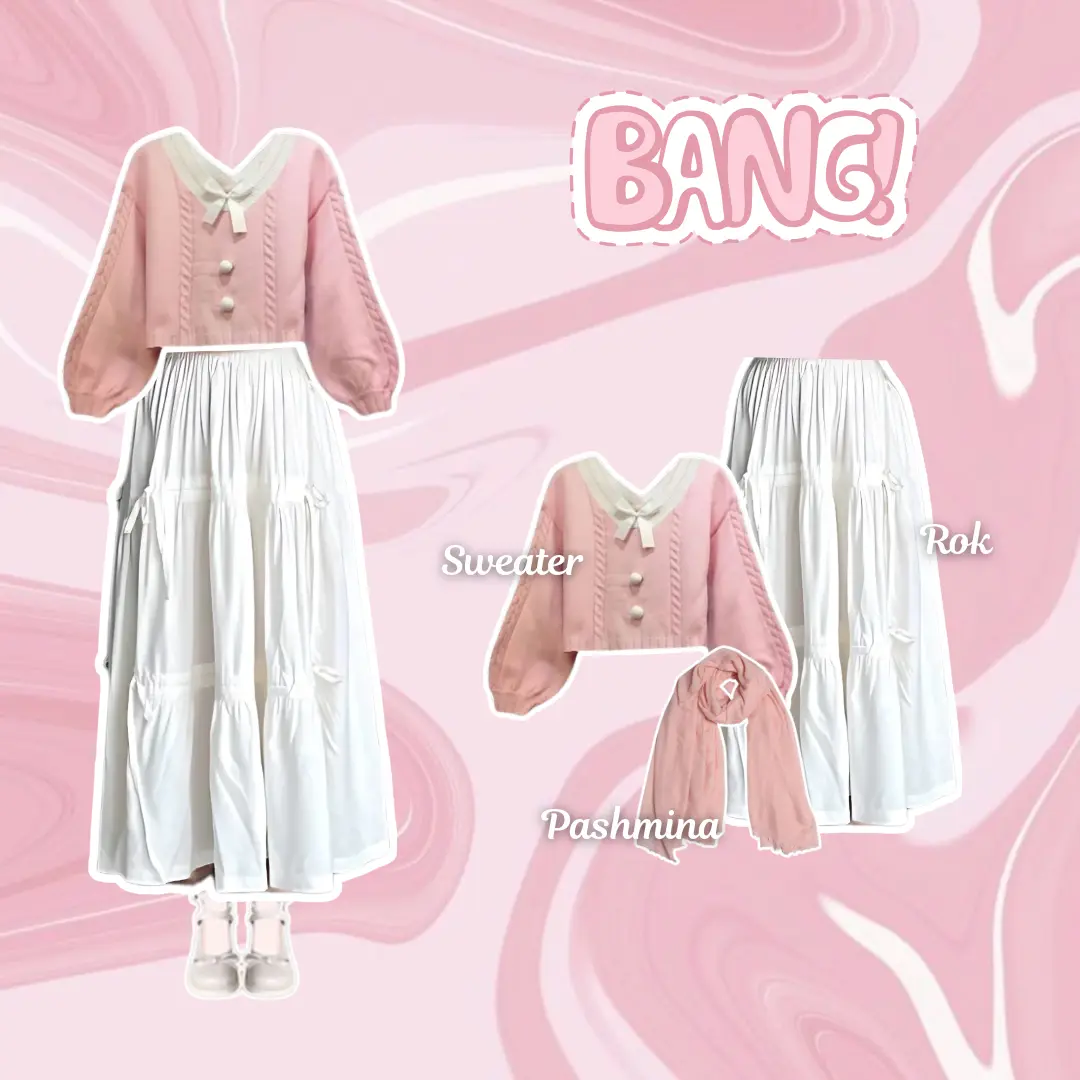 Satu Set 3in1 Setelan Remaja Kekinian Korean Style (Sweater dengan Rok Pita Serut dan Pashmina) KKTA25