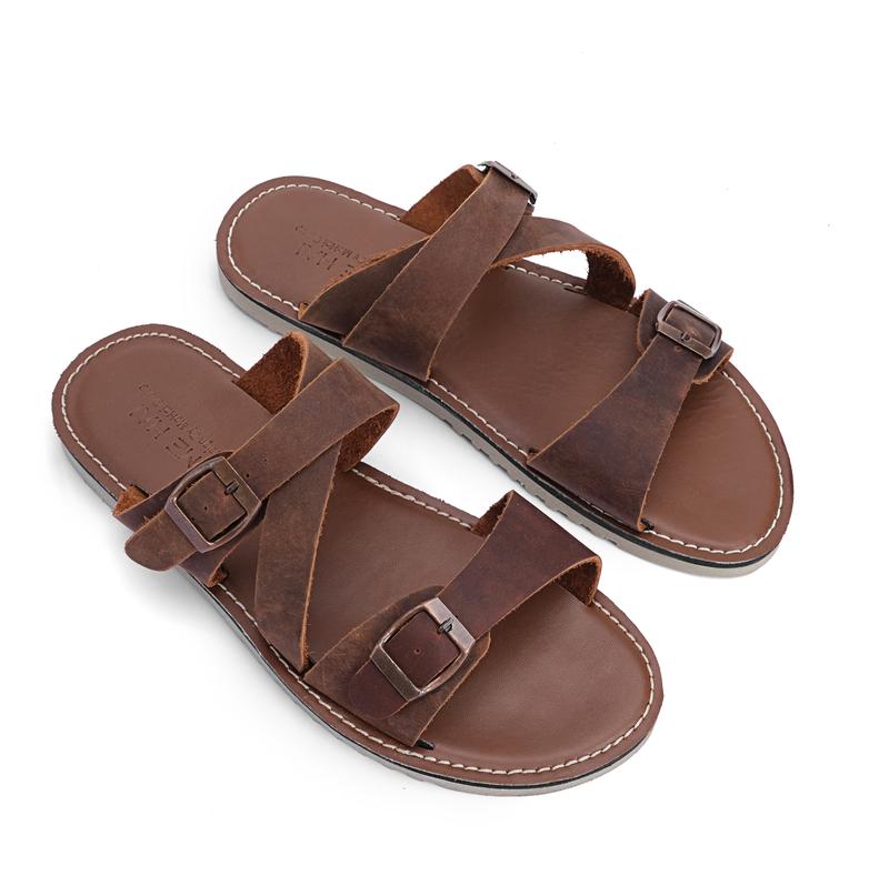  MH12 - Dép Sandal Da Bò Nam Nữ Quai Ngang Đế Đúc Cao Su Nguyên Khối Đồng Đế Bằng Chính Hãng MEHAI S & C 