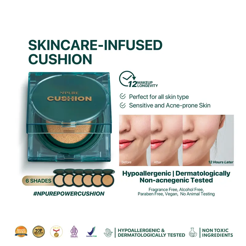 【Cushion】NPURE Centella Asiatica Flawless Matte Power Cushion / Cushion Kulit Jerawat / Skincare Infused /  Hypoallergenic / Dermatologically / Non-Acnegenic / Foundation Wajah / Concealer Berjerawat / Long Lasting 1