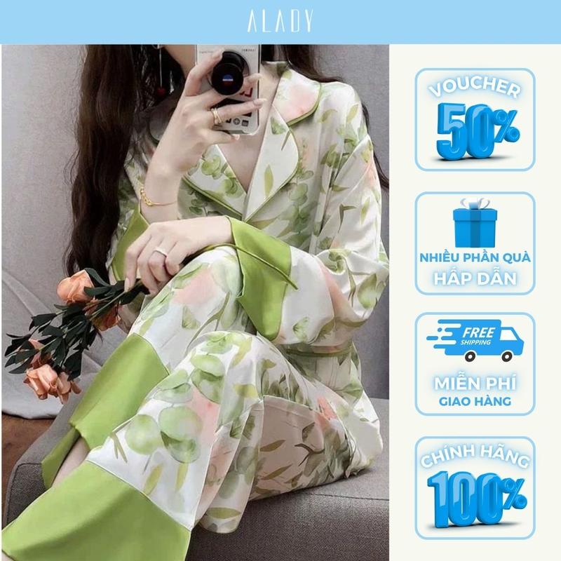  ALADY TD002 - Đồ bộ nữ Pijama Dài Tay trắng viền xanh lá họa tiết hoa lá mùa xuân chất liệu lụa Latin trơn mịn mềm mại nhẹ nhàng dịu dàng Áo Ngủ Quần Ngủ 