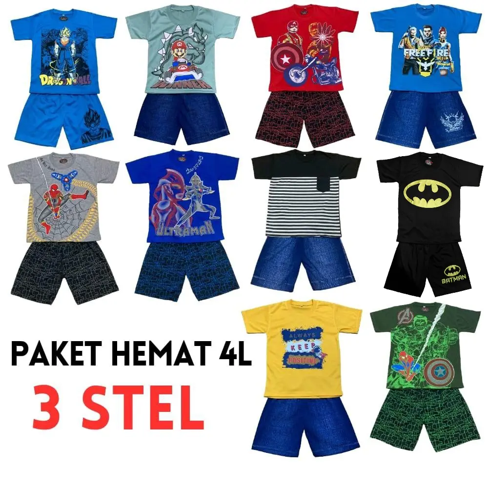 Paket hemat ukuran 4L untuk bb 27-33 kg 79.000 dapat 3 stel / setelan anak laki laki / setelan anak harian