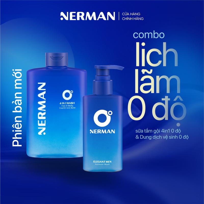 Combo lịch lãm 0 độ Nerman - Sữa tắm gội rửa mặt cho nam 350ml & Dung dịch vệ sinh nam giới 100ml Dưỡng Thể