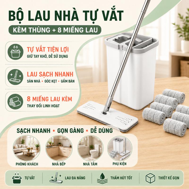 Bộ Cây lau Nhà (1 Thùng + 2 Cây Lau + 8 Bông Lau) Tự Vắt Thông Minh Đầu Xoay 360 Độ Tiện Lợi Lau Sàn Sạch Cán Inox