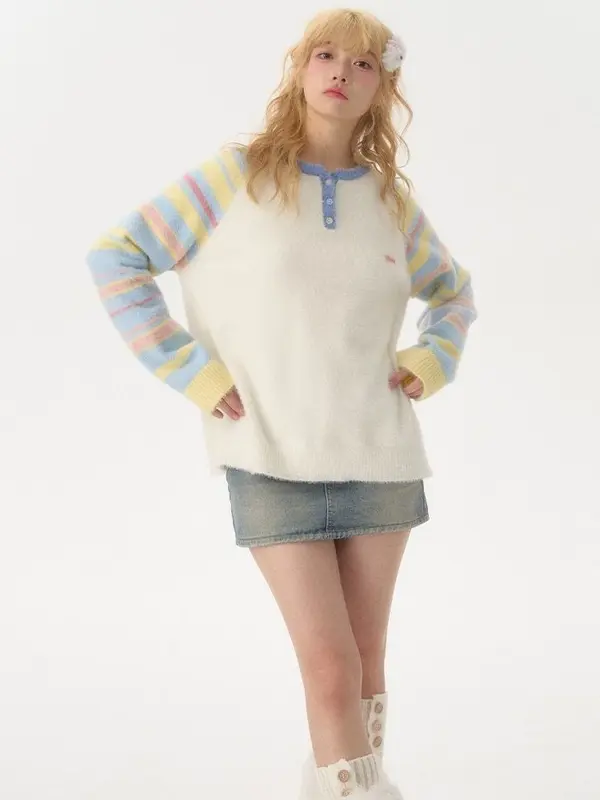 Lengan Panjang Raglan Bergaris Pelangi Tambal Sulam Wanita Musim Gugur dan Musim Dingin, Sweter Gaya Malas Baru 5