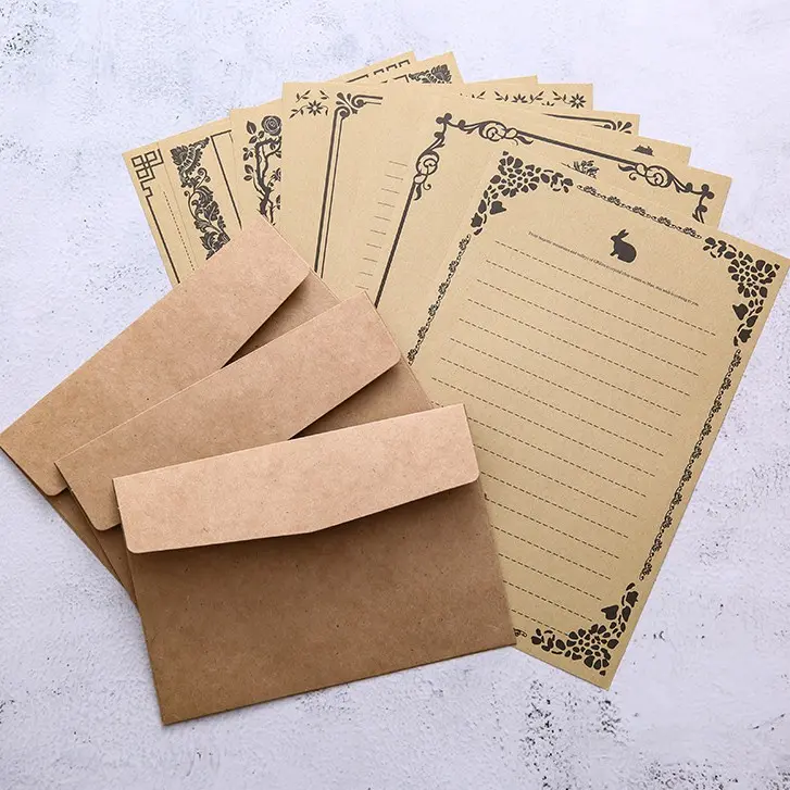 Bộ Giấy Thư Nghệ Thuật Cổ Điển Hàn Quốc, 8 Chiếc, Bìa Cứng Màu Trắng Và Phong Bì Kraft, Hàng Có Sẵn 0