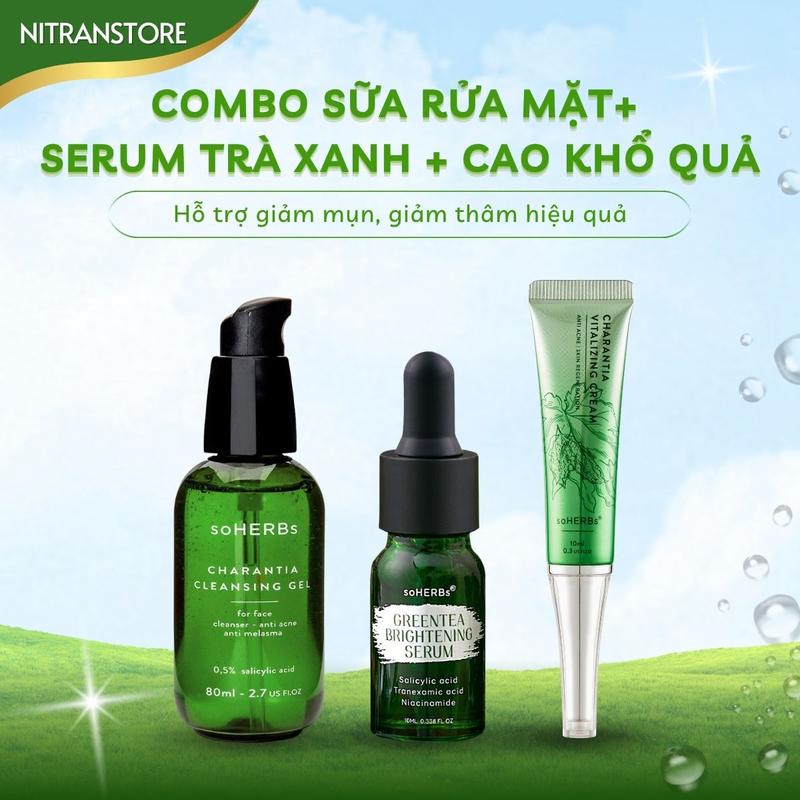 Combo 3 Sản Phẩm: Sửa Rửa Mặt Khổ Qua 80ml, Serum Trà Xanh 10ml, Kem Cao Khổ Qua 10ml: Hỗ Trợ Giảm Mụn Giúp Da Sáng Skincare Làm Đẹp Da Nữ