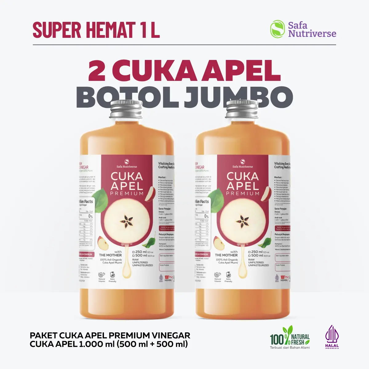 CUKA APEL PAKET 1 Liter CUKA APEL Botol 500ML + 500ML WITH THE MOTHER Apple Cider Vinegar