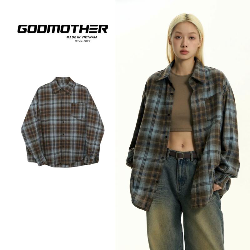 Áo Sơmi Dài Tay Flannel GODMOTHER Sơ Mi Nam Nữ Kẻ Caro Thoáng Mát Tay Dài Phong Cách Hàn Quốc 2025
