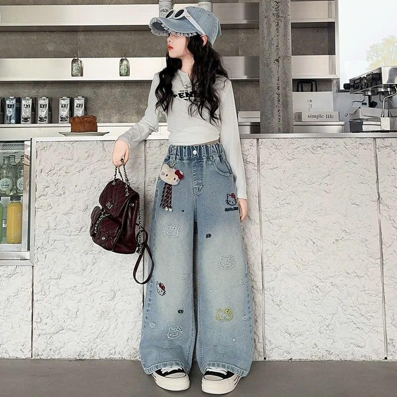 Quần jean ống suông bé gái thêu hello kitty siêu đáng yêu cho bé gái mặc đi học đi chơi chất liệu mềm mại và thoải mái