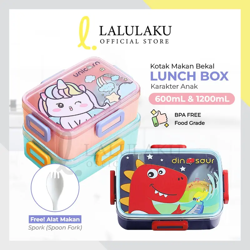 Lunch Box Anak TK SD Paud Kotak Bekal Karakter Unicorn Dino Panda Astronot 600ML 1200ML 0